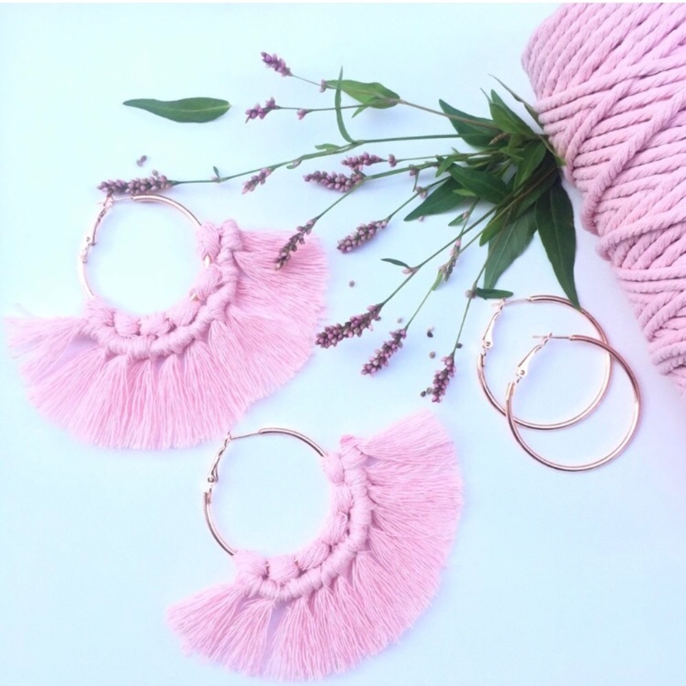 Handmade Macrame Pink Tassel Hoop Earrings with Fringe